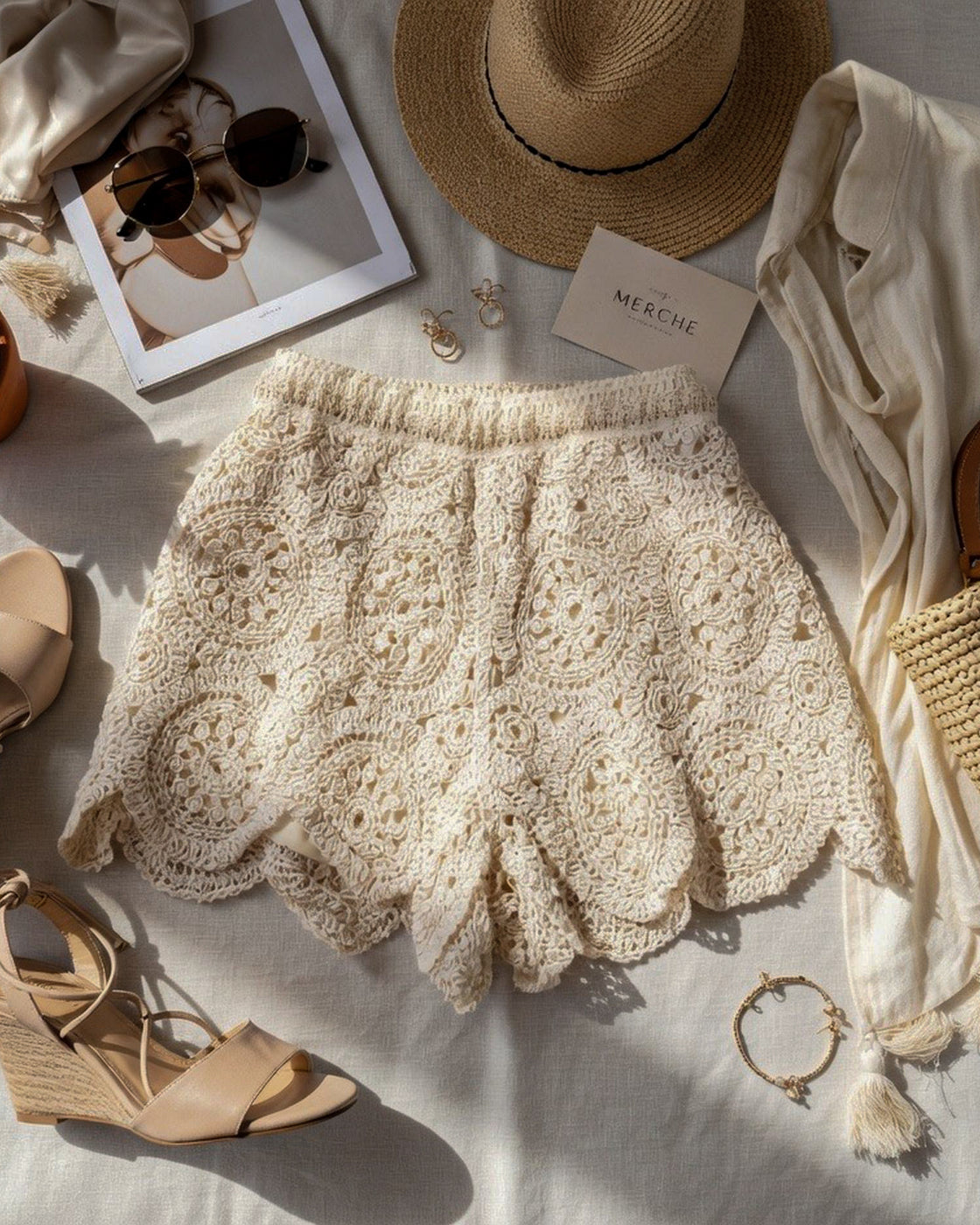 WHERE THE WAVES ARE BEIGE LACEY LUXE CROCHET SHORTS