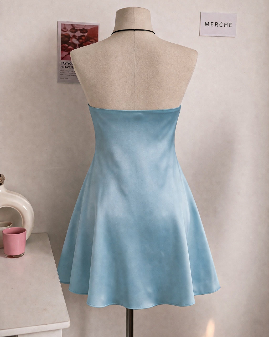 NO CROWN NEEDED SATIN POWDER BLUE BANDEAU DRESS