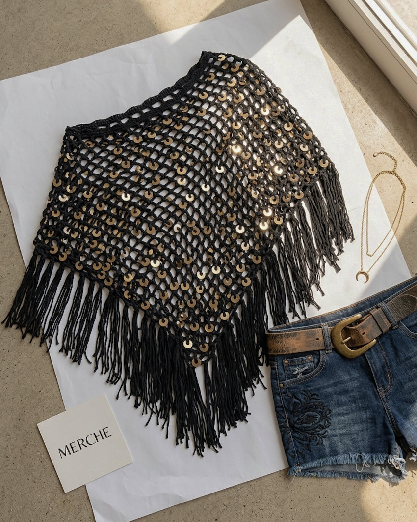 COACHELLA FIT SEQUIN EMBELLISHED KNITTED BLACK PONCHO TOP