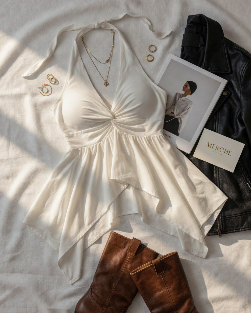 MYKONOS CALLING WHITE TWISTED HALTERNECK TOP