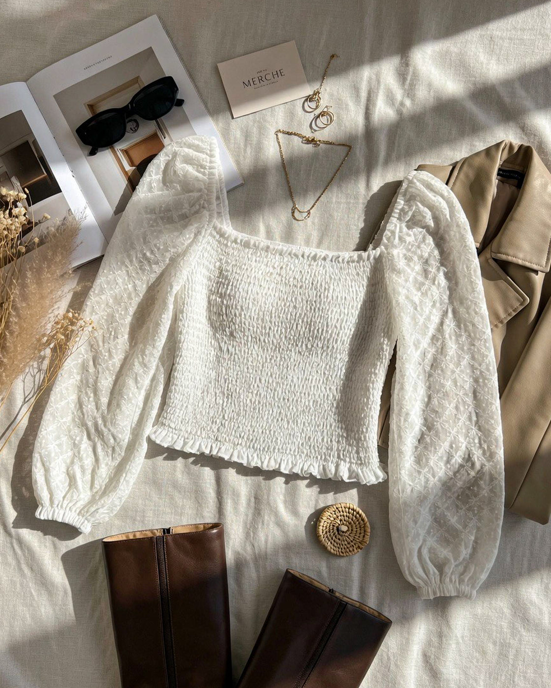 RECORD THAT MOMENT EYELET SMOCKED WHITE TOP