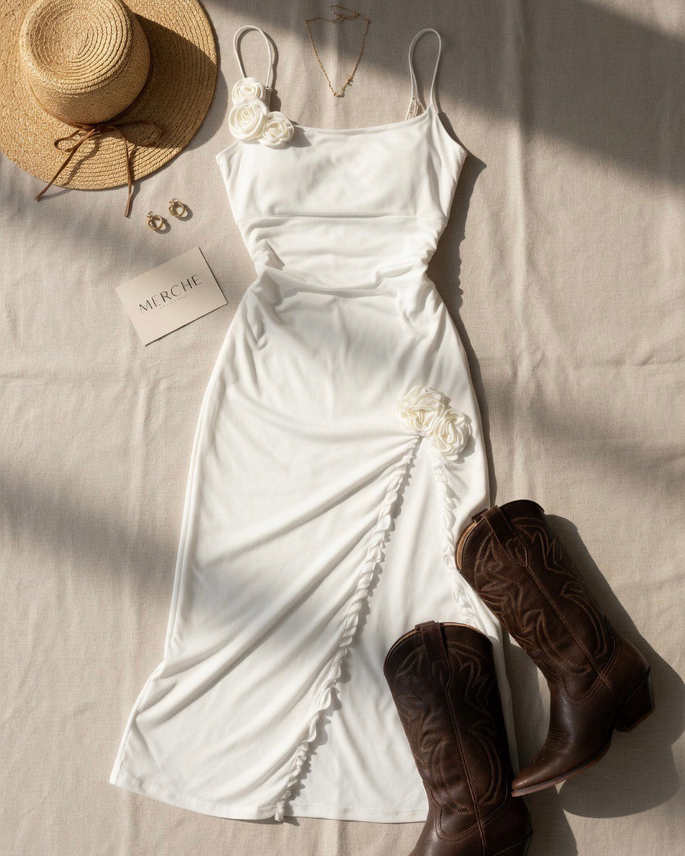 LIGHTS CAMERA AND POSE APPLIQUE WHITE MIDI DRESS – Merche - Fashion Store
