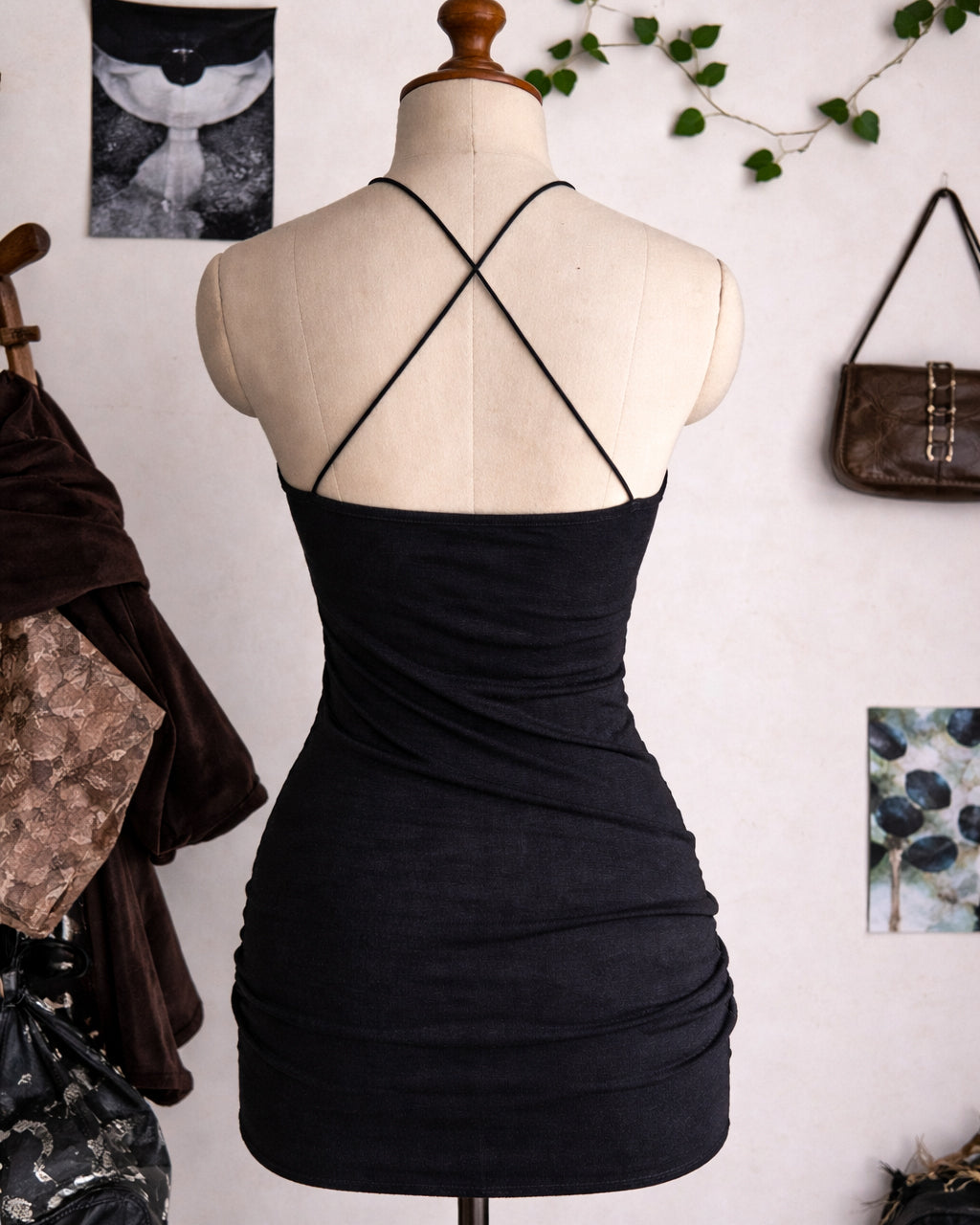 MUSIC VIDEO DRAPE CROSSBACK BLACK DRESS