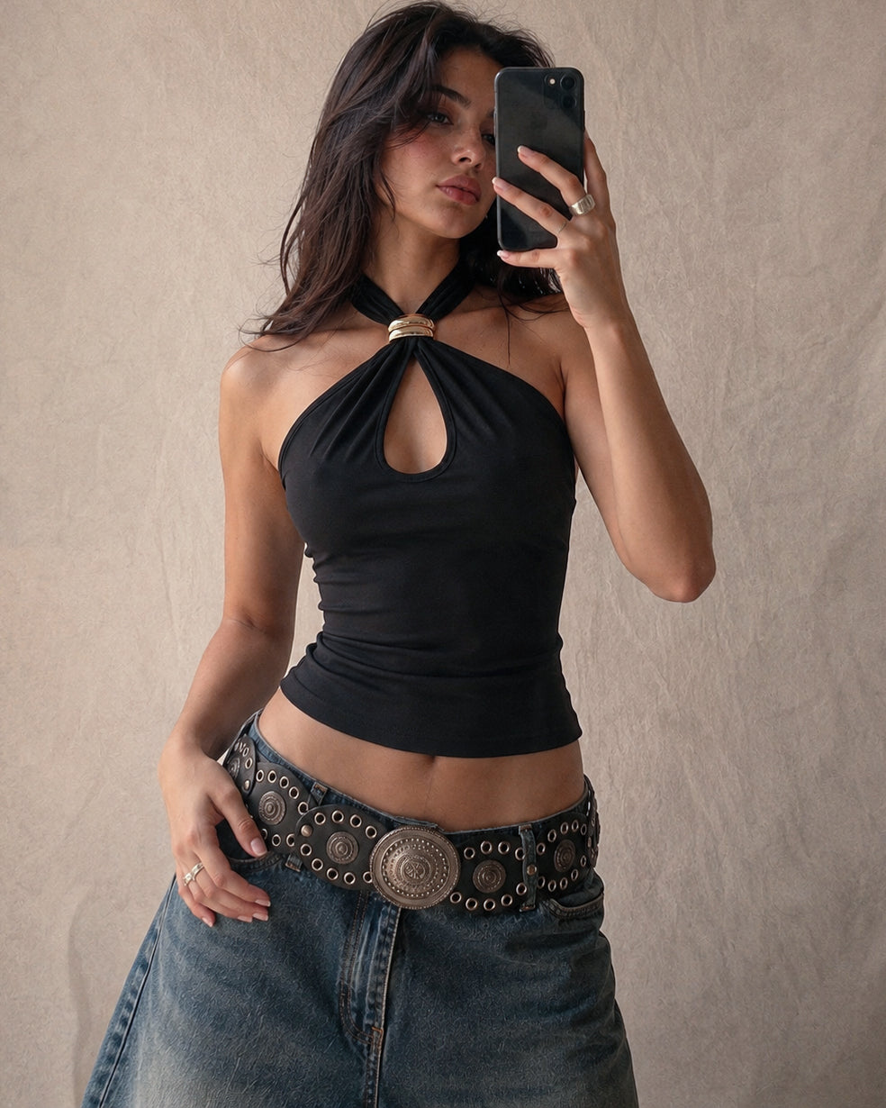 LOOK LIKE TROUBLE METAL DETAIL HALTERNECK TOP