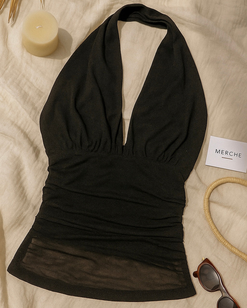 TOAST TO ME MESH DETAIL BLACK HALTERNECK TOP