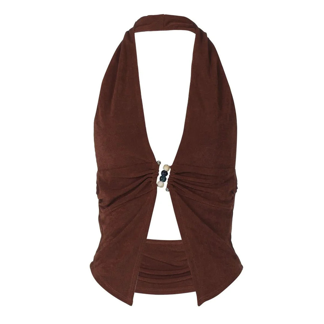 OFFSTAGE GLAM BEADED BROWN HALTERNECK TOP