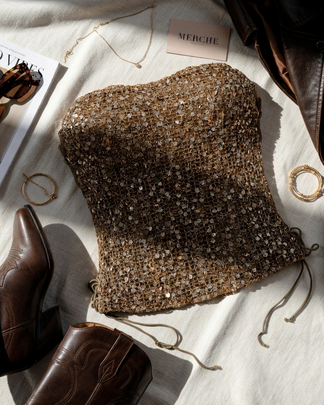 VALLEY GIRL SIDE LACE-UP BROWN SEQUIN CORSET TOP