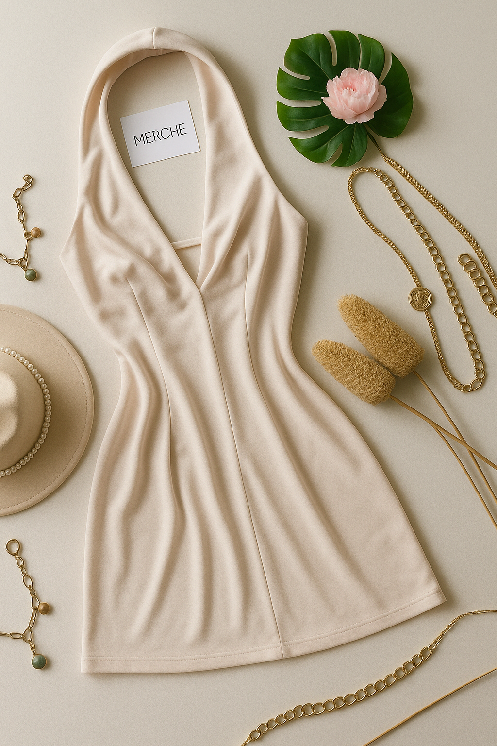 ATTRACTING FAME LUXE BEIGE HALTERNECK DRESS