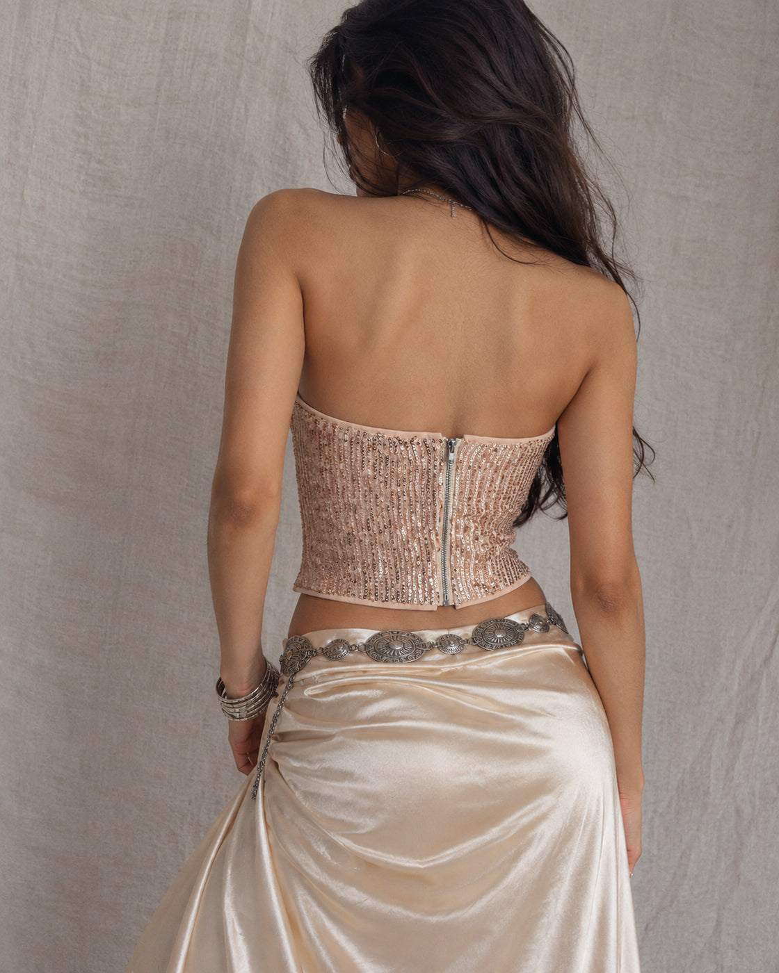 ALWAYS A SHOWOFF SEQUIN DRAPE BANDEAU TOP