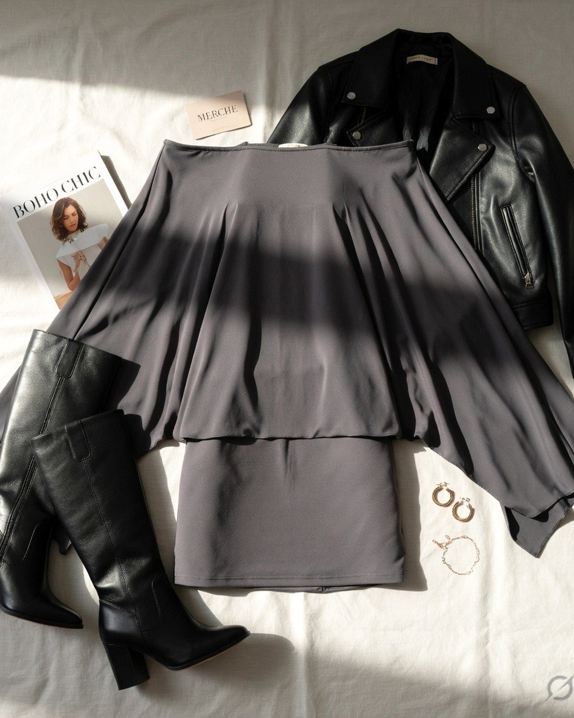 RUINED BARS GREY DRAPED OFF-SHOULDER DRESS