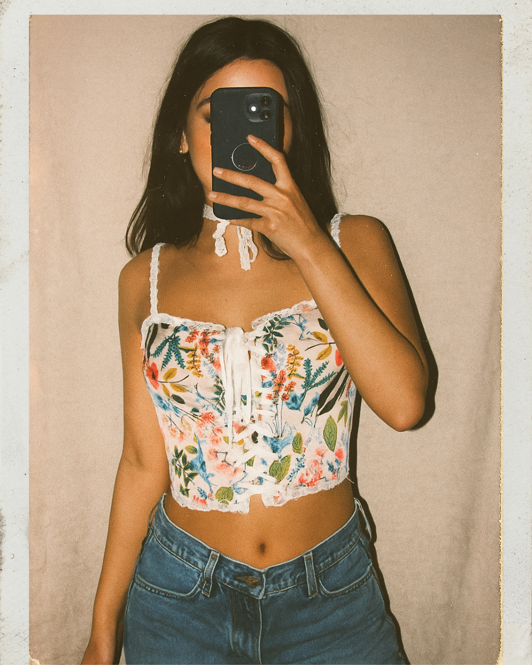 FEELING TOXIC PEACH FLORAL LACE-UP TOP