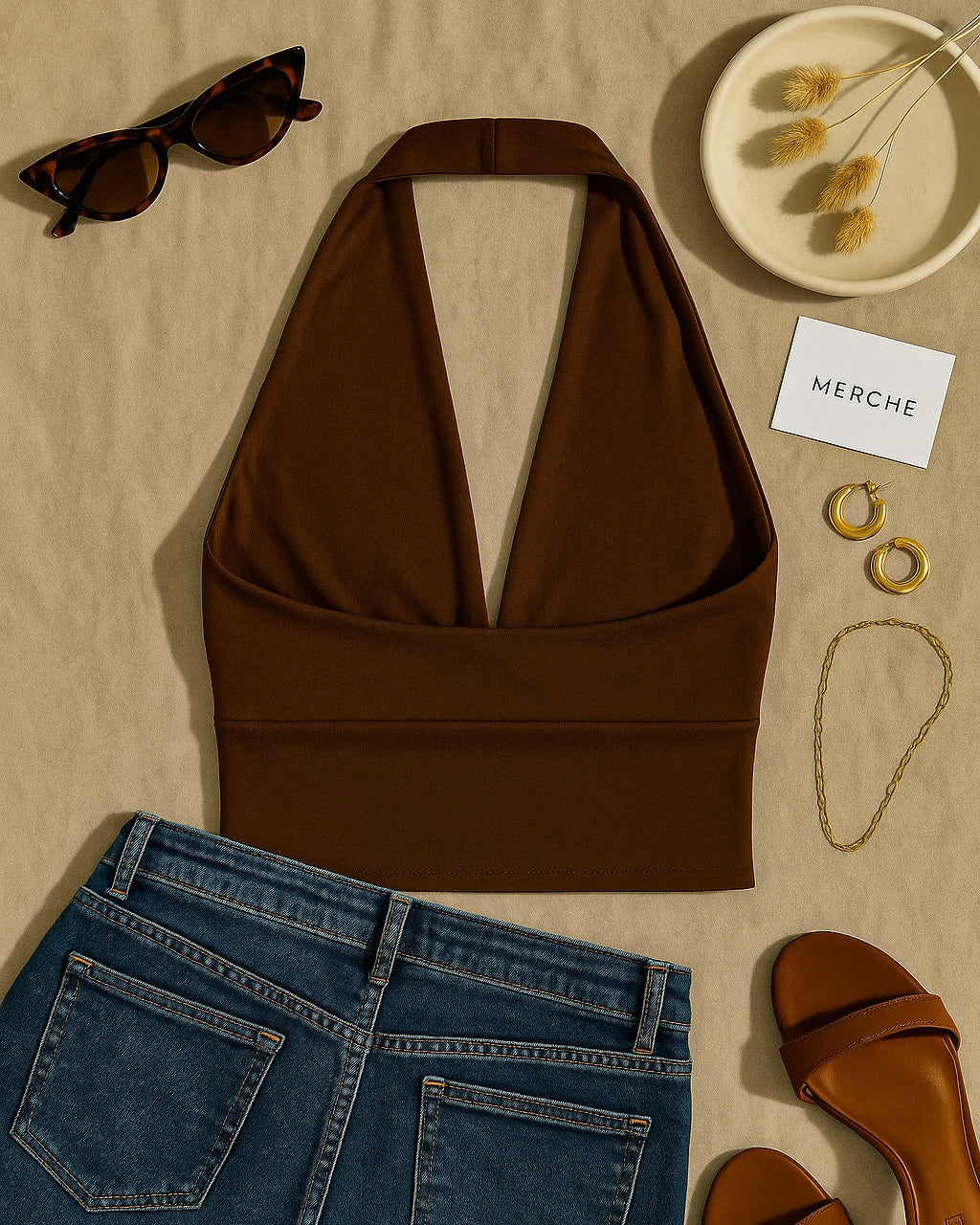 SLAY BELLE BROWN COWL HALTERNECK TOP