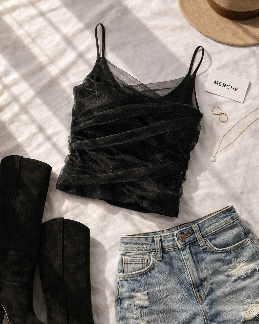 WINGS OF MINE MESH DRAPE BLACK CAMI TOP
