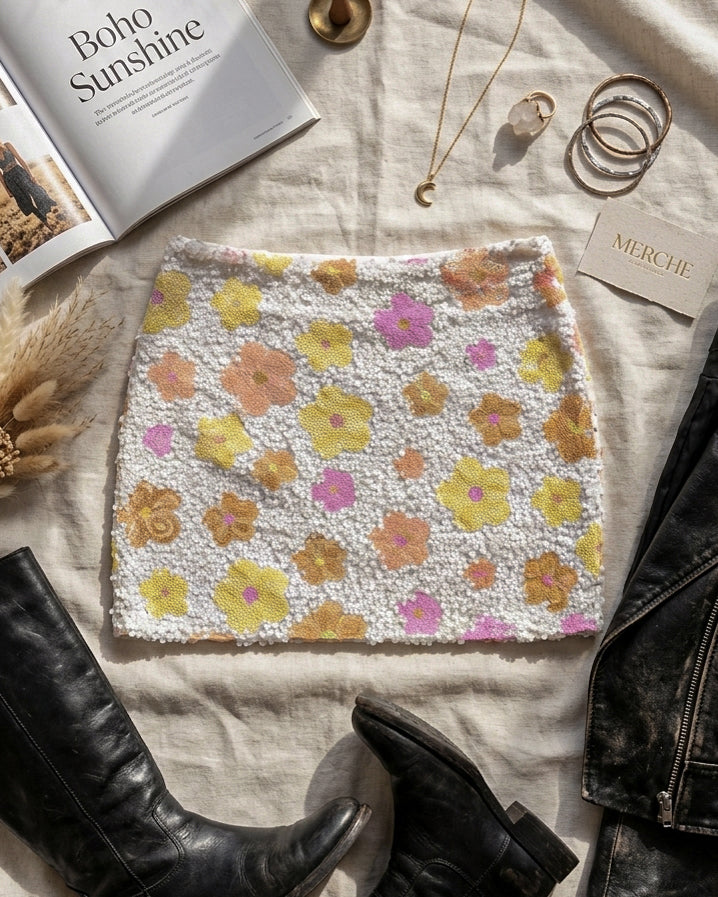THE AUDACITY SEQUIN WARM HUES EMBELLISHED MINI SKIRT