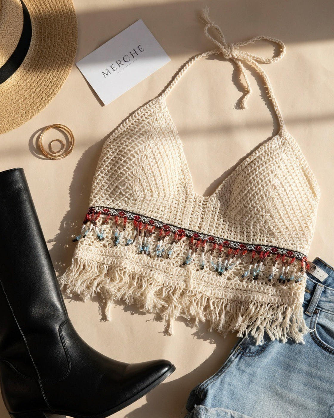 COULD BE THE ONE BEADED CROCHET HALTERNECK BIKINI TOP