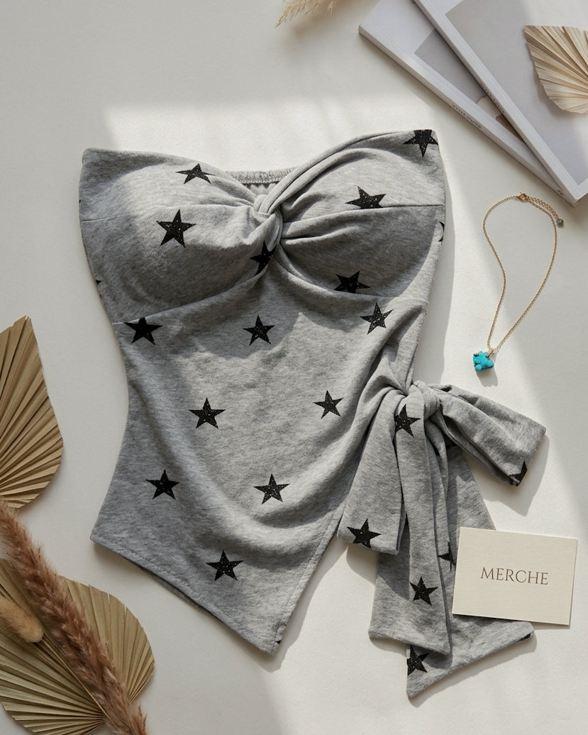WRITTEN IN THE STARS PADDED TWISTED TIE-UP GREY BANDEAU TOP