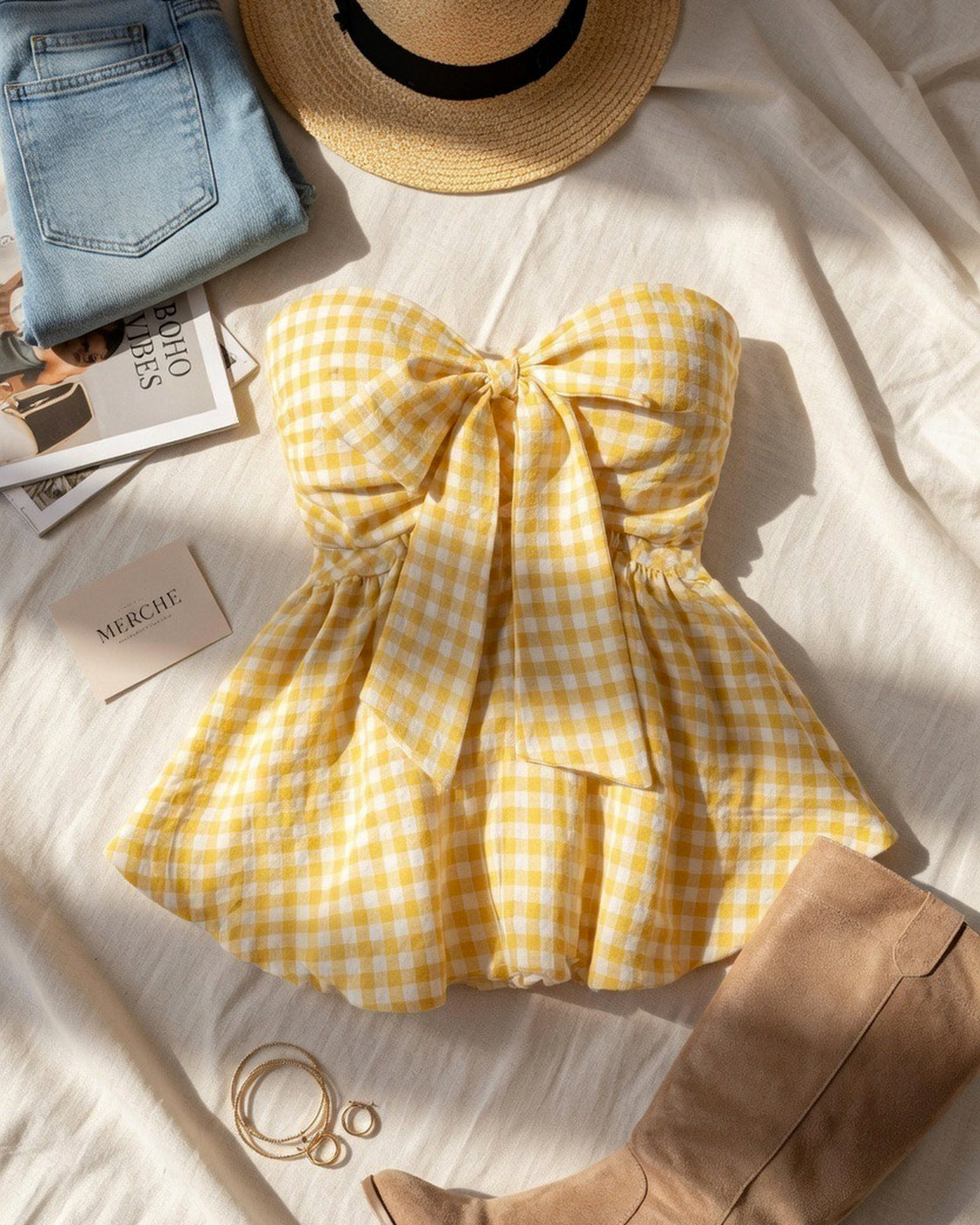 CHECKMATE BABE PADDED BOW YELLOW GINGHAM TOP