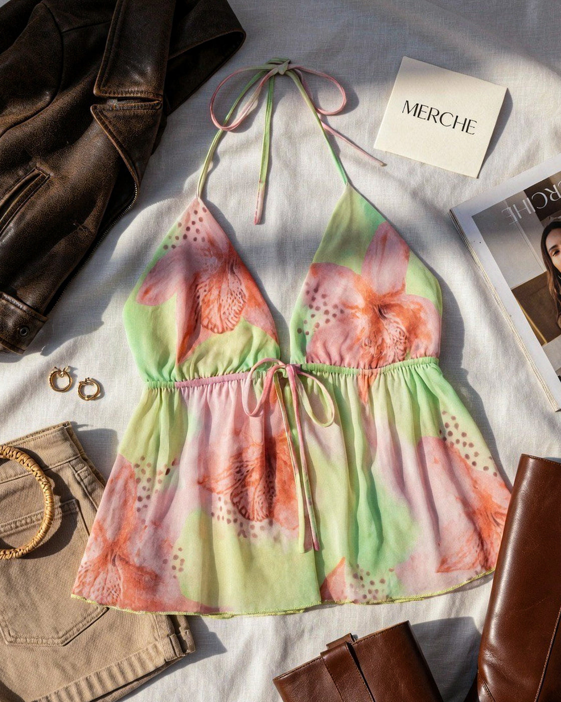 CATCH VIBES FLORAL TIE-UP HALTERNECK TOP