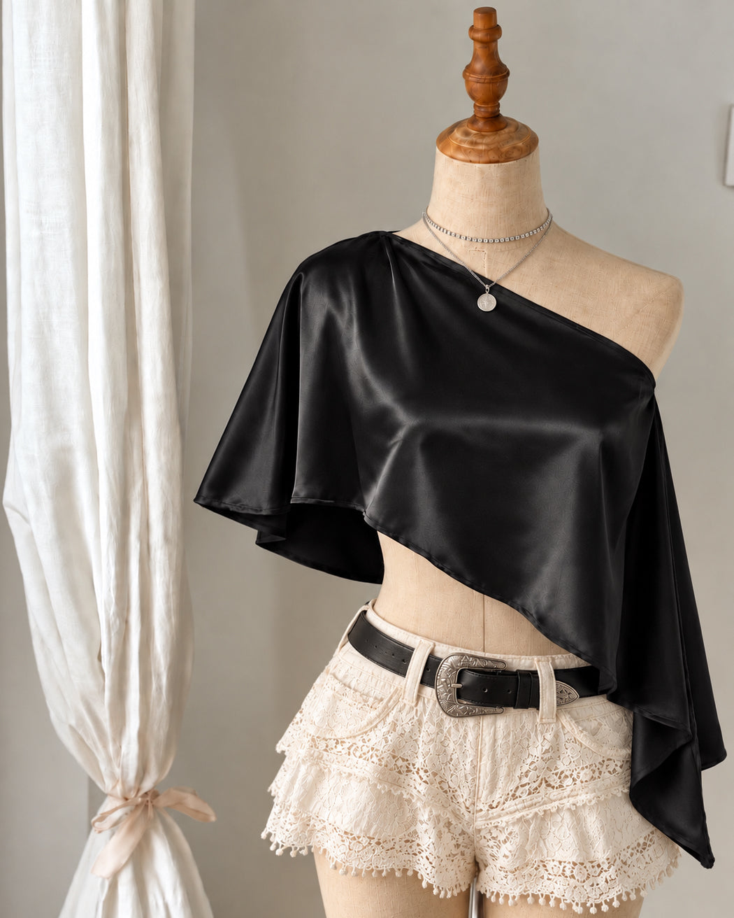 DRAPE ASSIGNMENT LUXE SATIN OFF-SHOULDER CAPE TOP