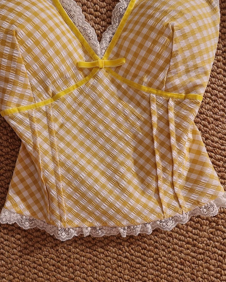 BEIGE NINETEEN BOW BACK CHECKS YELLOW HALTERNECK TOP