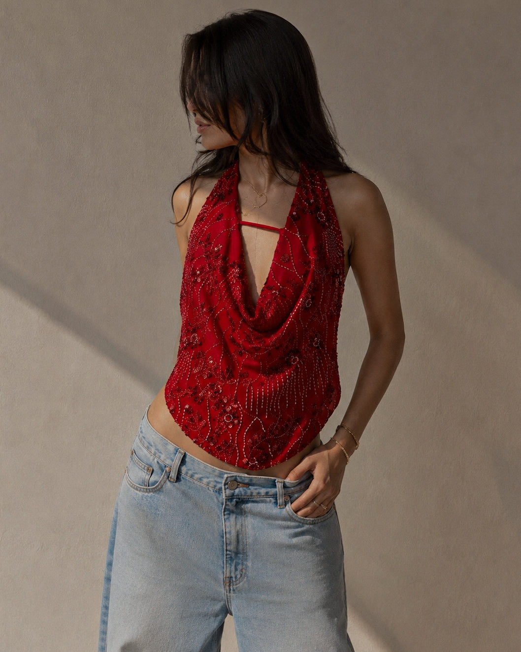 COSMIC DANCE EMBROIDERED COWL RED HALTERNECK TOP