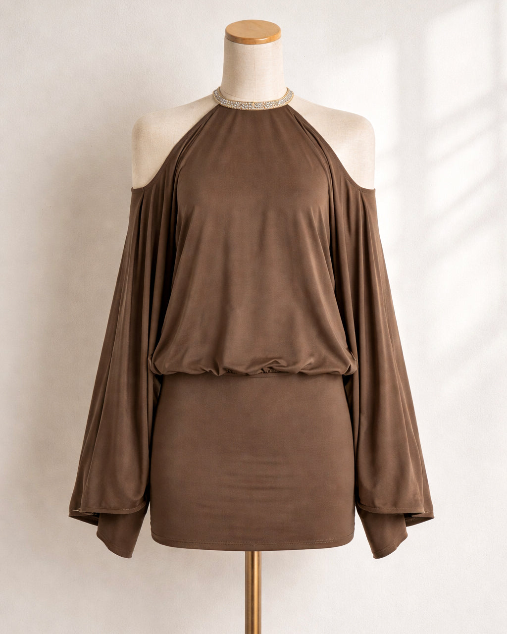 ICONS ONLY EMBELLISHED OPEN-BACK EMBROIDERED BROWN DRESS
