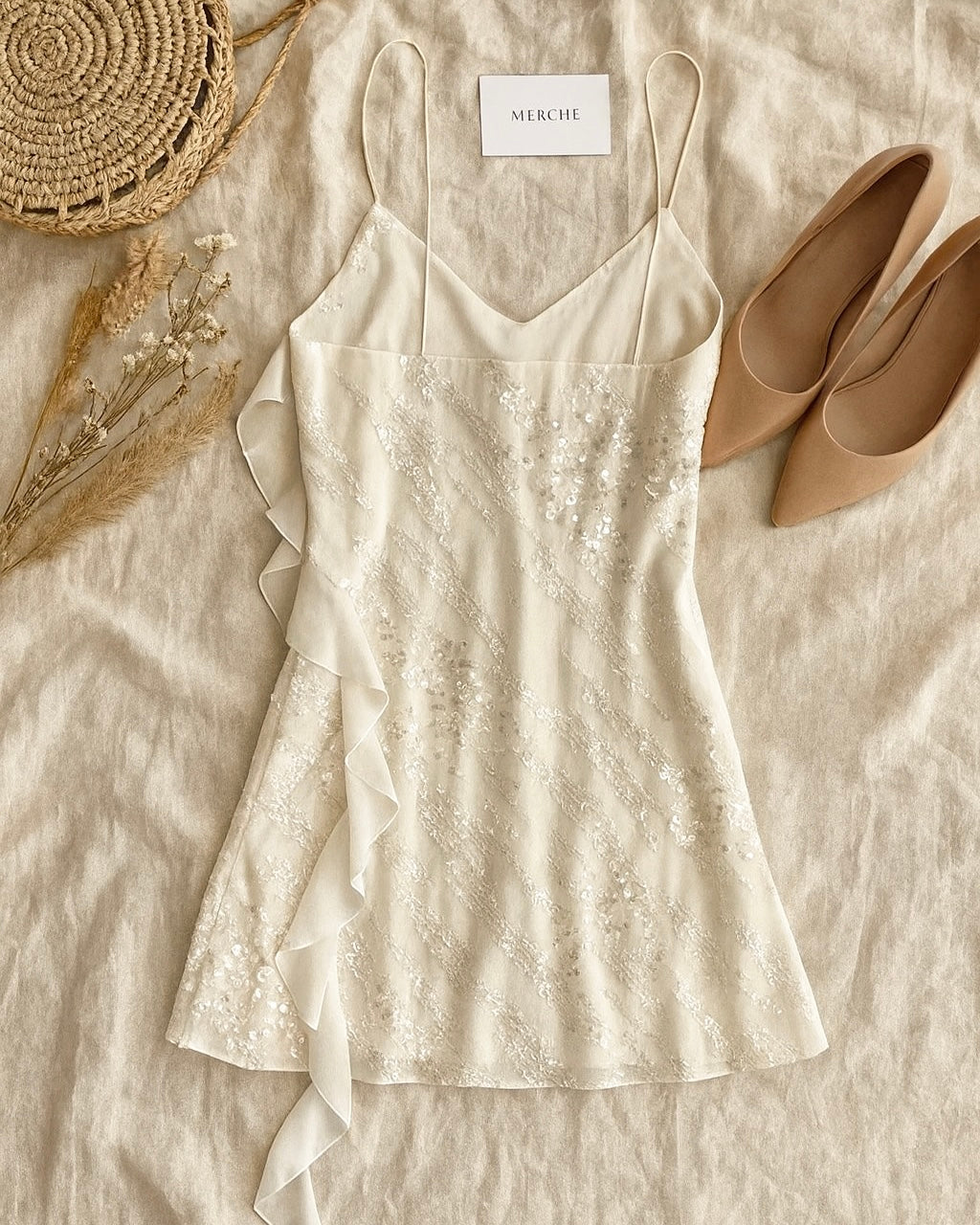 CALL US NOMADS GLITTER EMBELLISHED RUFFLE WHITE DRESS