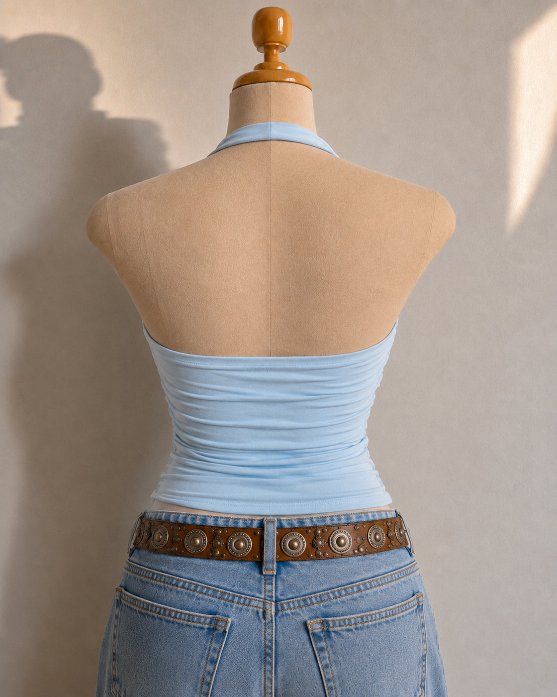 BROWNIE POINTS PADDED METAL DETAIL RUCHED BLUE HALTERNECK TOP
