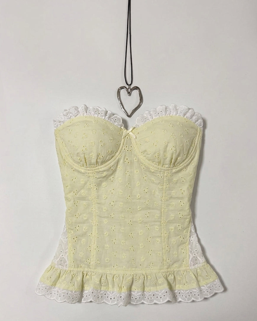 GATEKEEP THIS EYELET BUTTER YELLOW BUSTIER TOP