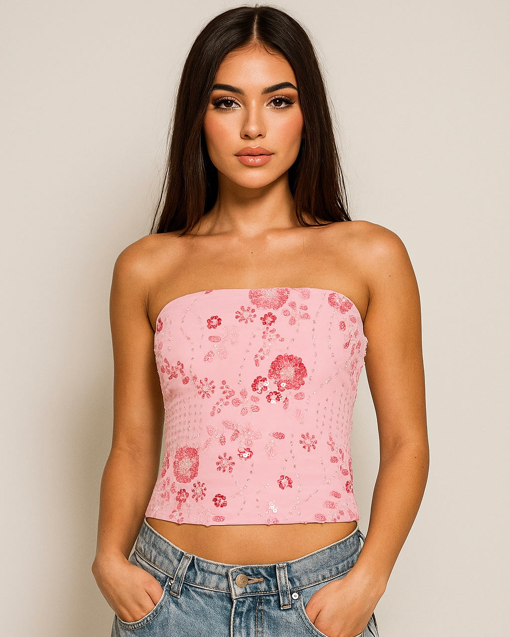 HAUTE KISS PINK EMBROIDERED BANDEAU TOP