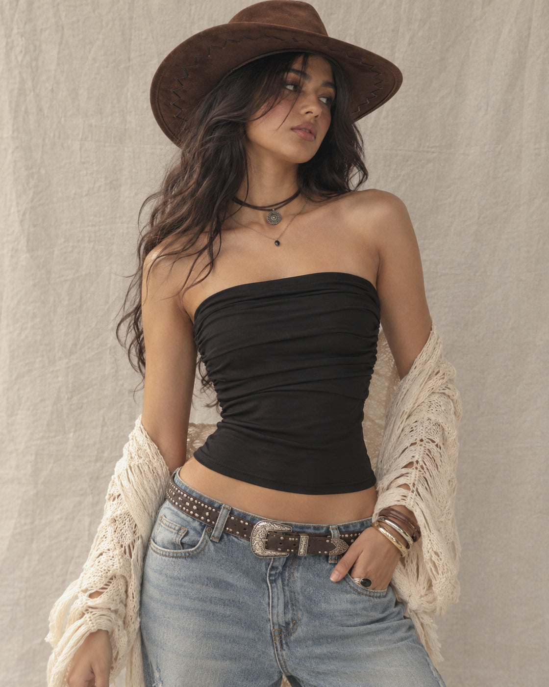 ANYTHING BUT BASIC FOLDED RUCHED BLACK BANDEAU TOP