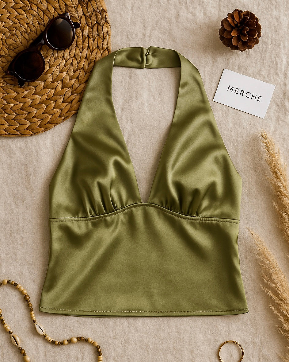 DAWN ON ME OLIVE LUXE SATIN BOW-BACK HALTERNECK TOP