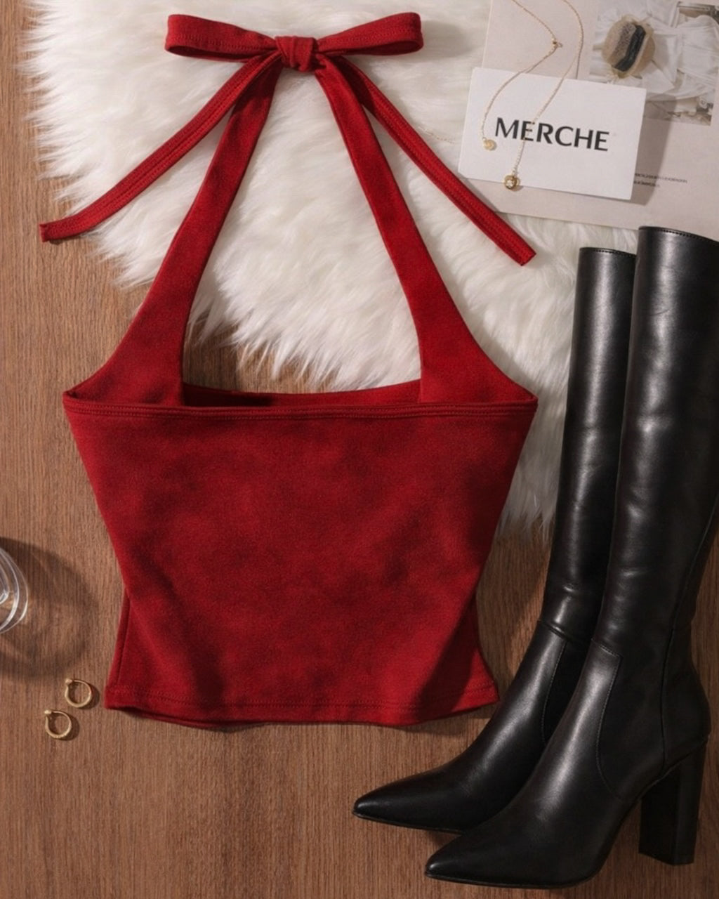 RICH AND FAMOUS PADDED LUXE RED HALTERNECK TOP