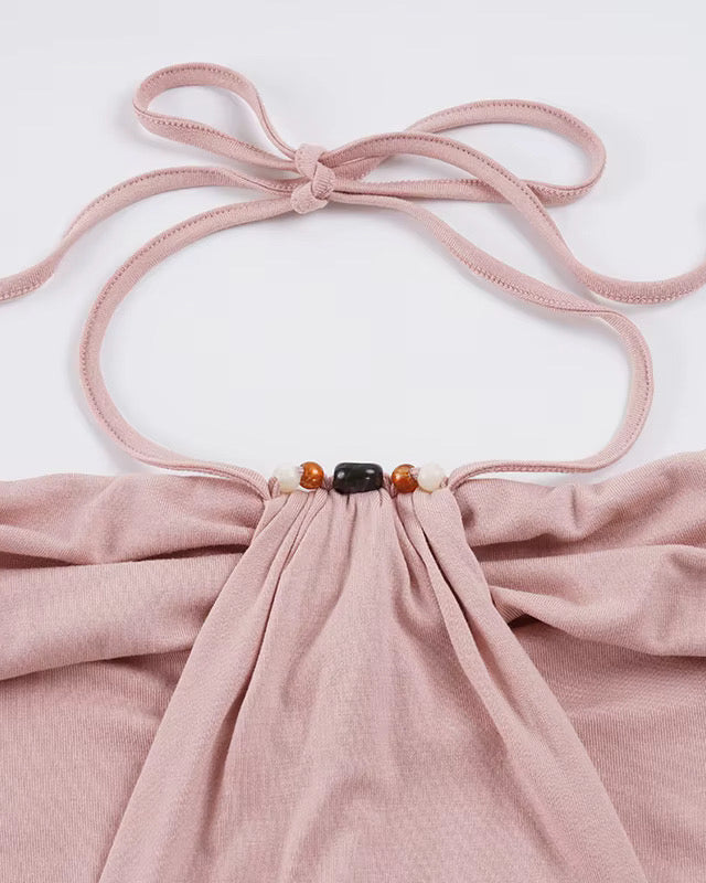 TAN LINES BEADED DRAPE PINK TIE-UP TOP