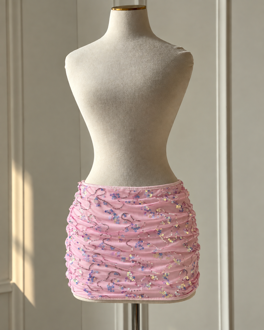 SIREN SEASON SEQUIN EMBELLISHED PINK RUCHED SKIRT