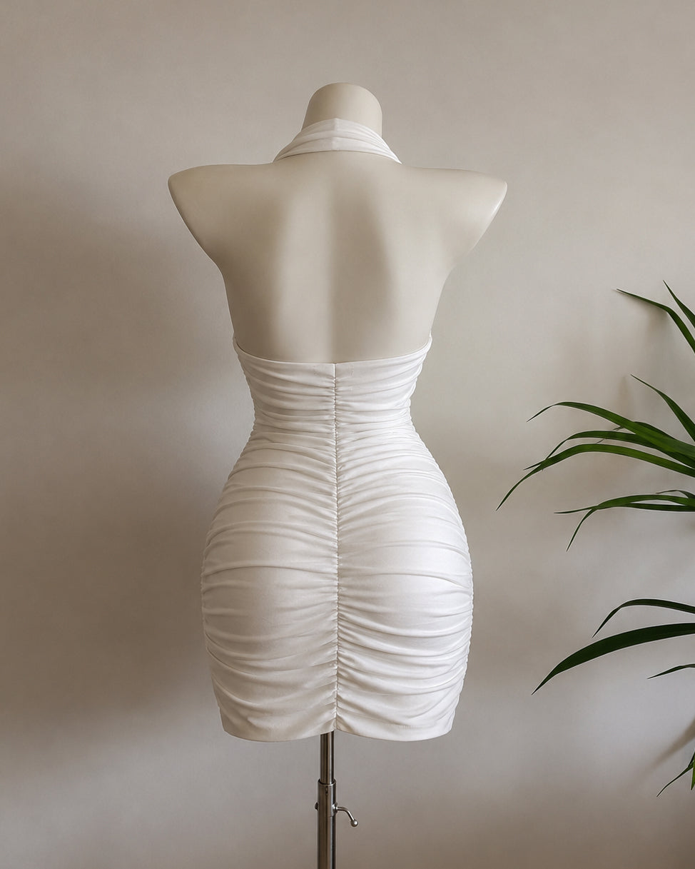 ACTUALLY ROMANTIC RUCHED WHITE HALTERNECK DRESS