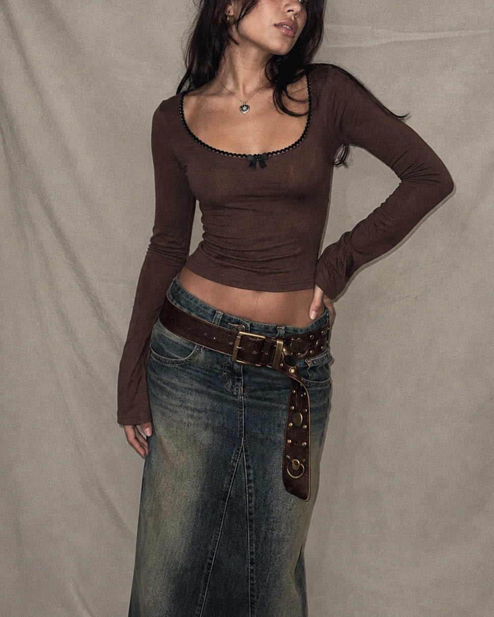 CHERRY COLA LACE TRIM BROWN TOP