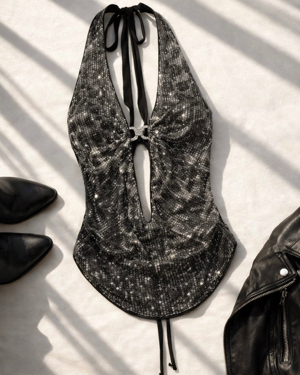 WORTH IT LUXE SEQUIN AND DIAMOND BROOCH EMBELLISHED BACKLESS GREY TOP