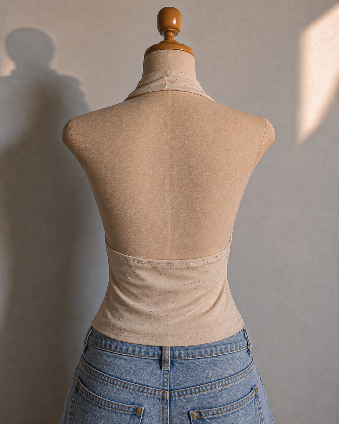 PHI PHI NIGHTS RHINESTONE EMBELLISHED BEIGE HALTERNECK TOP