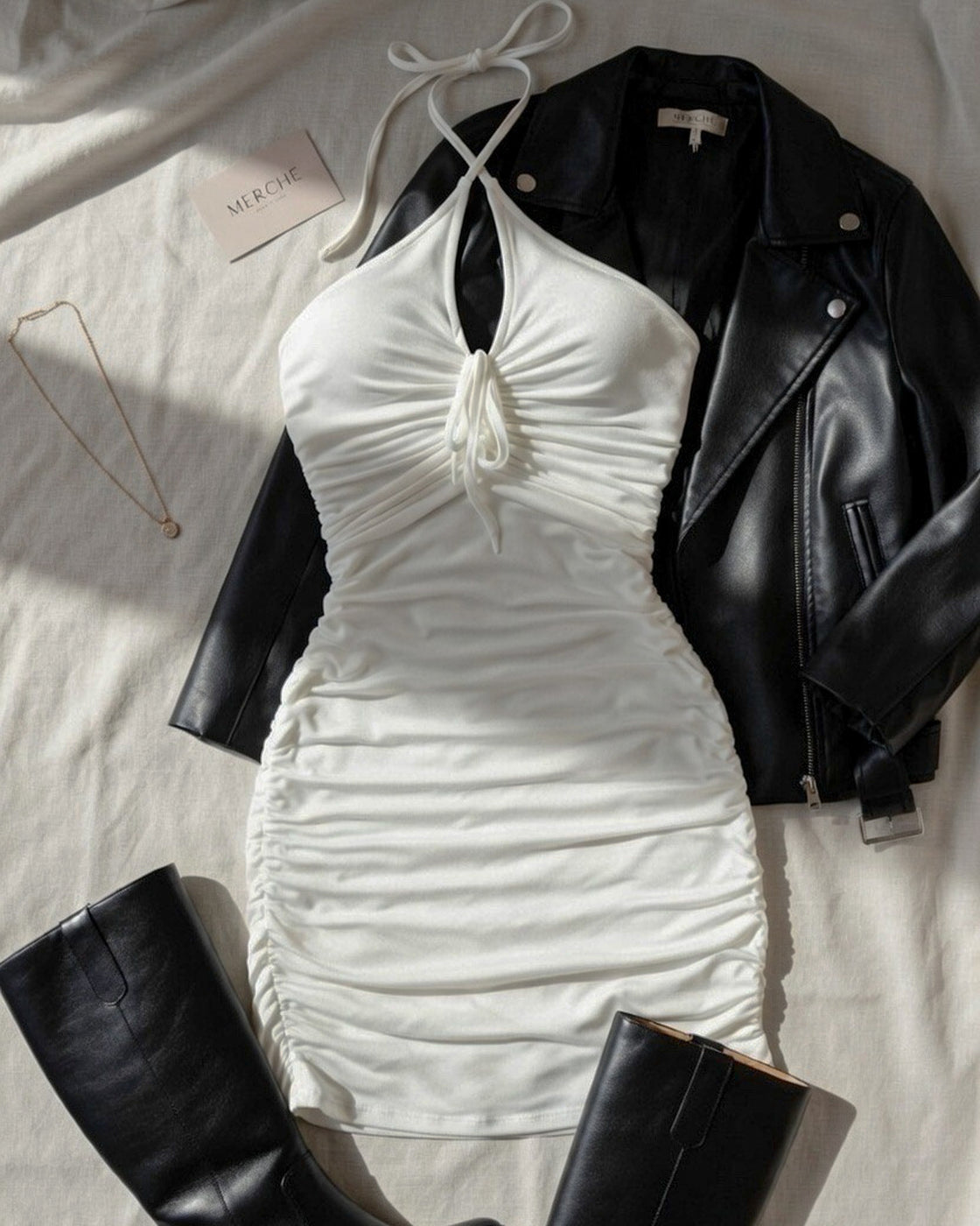 DRINKS ON ME WHITE RUCHED HALTERNECK DRESS