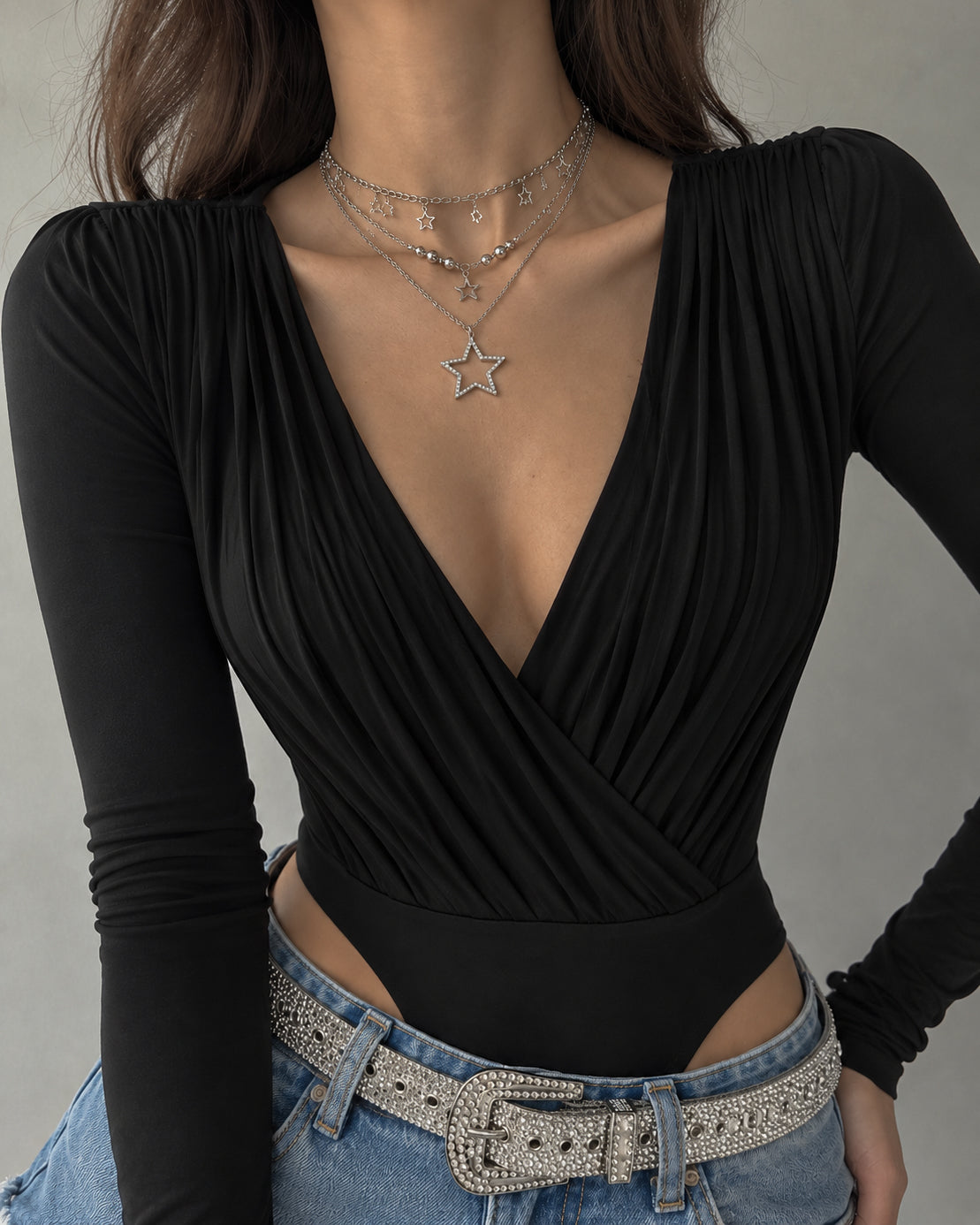 MAMA MIA PADDED POWER SHOULDER BLACK BODYSUIT