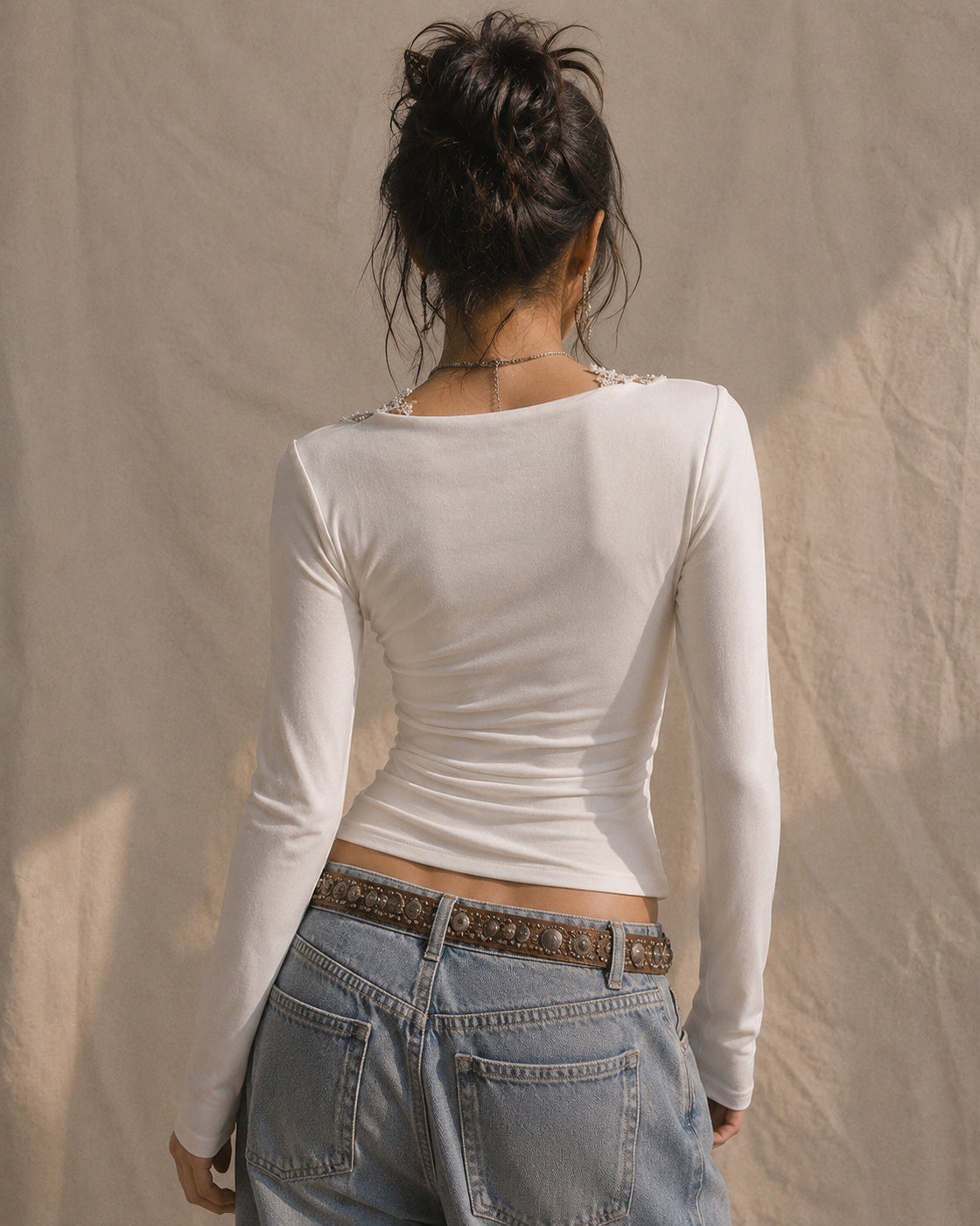 FROM A ROMCOM RHINESTONE EMBELLISHED WHITE LUXE TOP