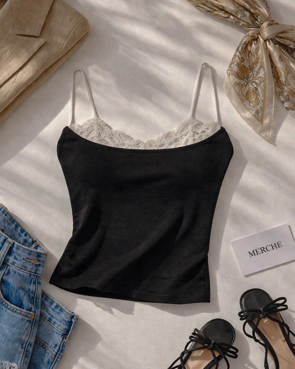 LIKE LOVERS DO LACE DETAIL BLACK CAMI TOP