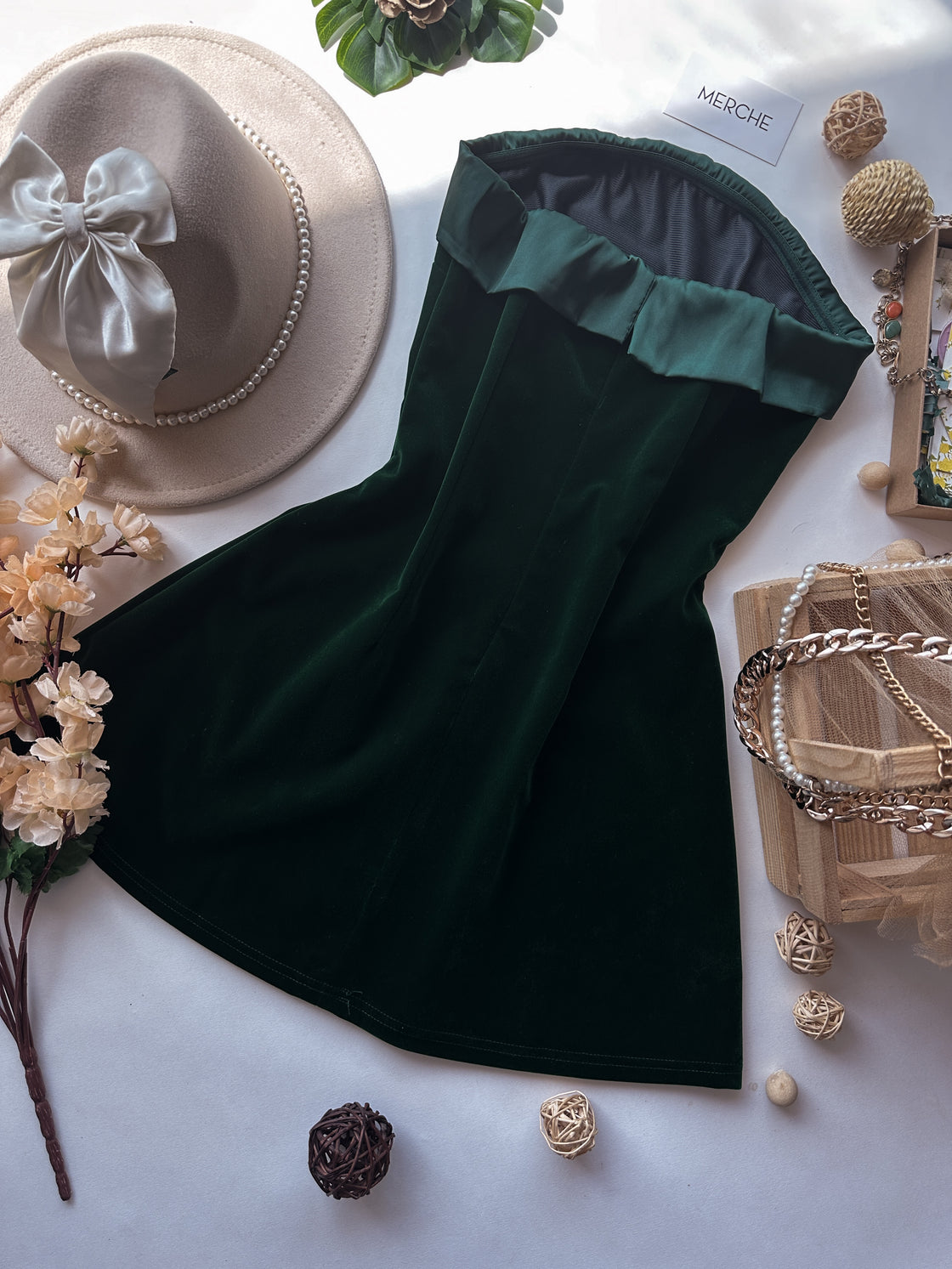 LOVE AFFAIR GREEN VELOUR BANDEAU DRESS