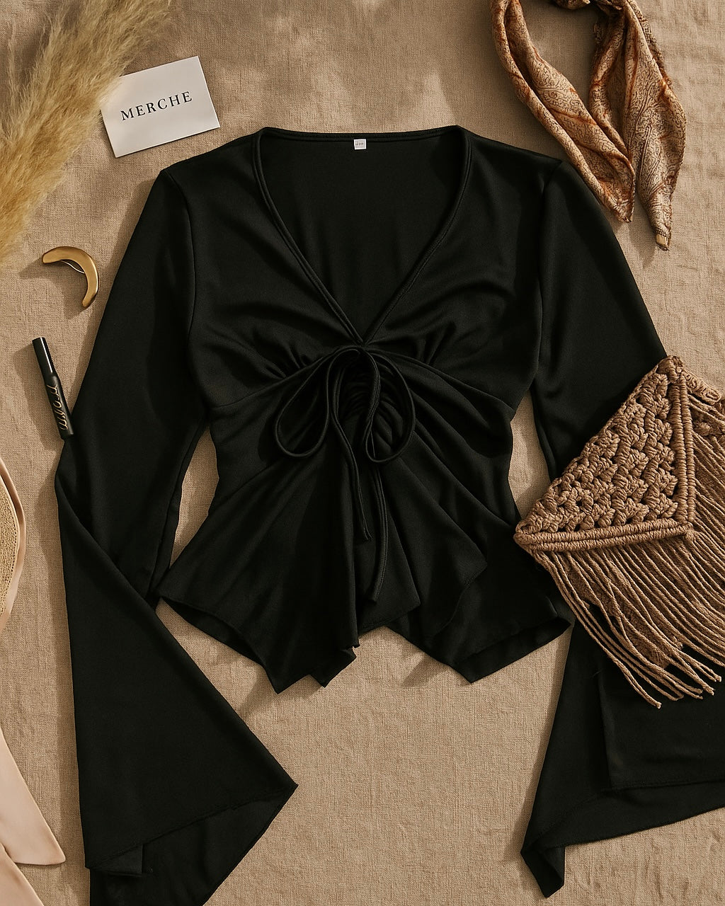 SASSY HOURS BLACK FLARED SLEEVES TOP