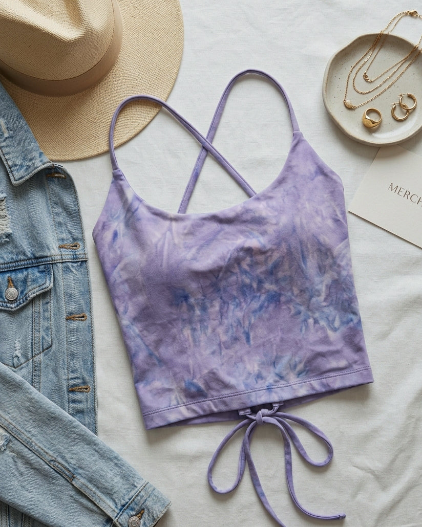 SUNSET SORBET TIE-DYE PADDED CROSSBACK LILAC TOP