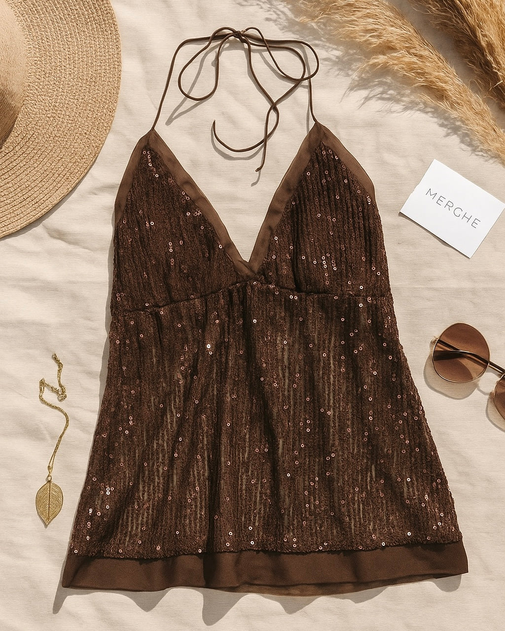 SERVING HOT BROWN SEQUIN EMBELLISHED HALTERNECK TOP