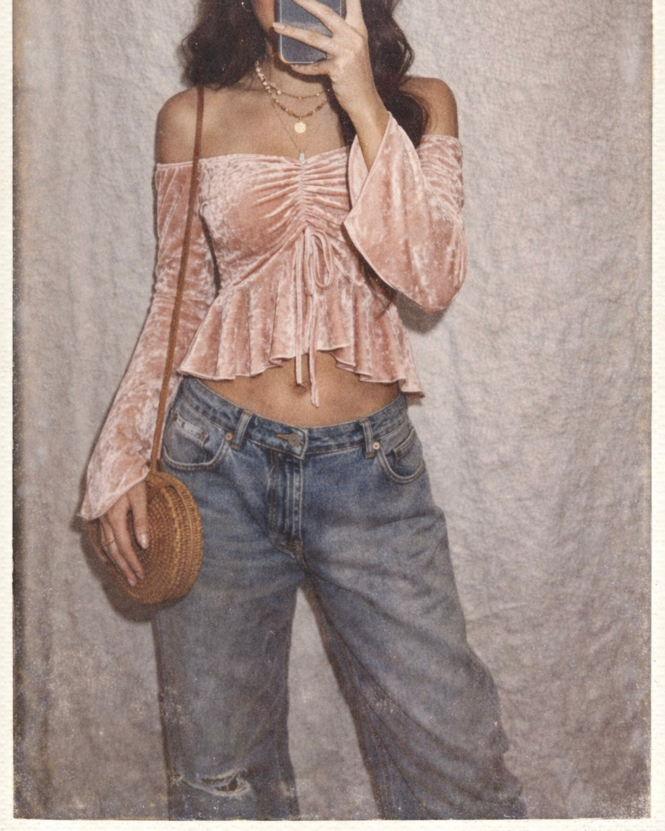 BRAT WITH TASTE VELOUR OFF-SHOULDER TOP