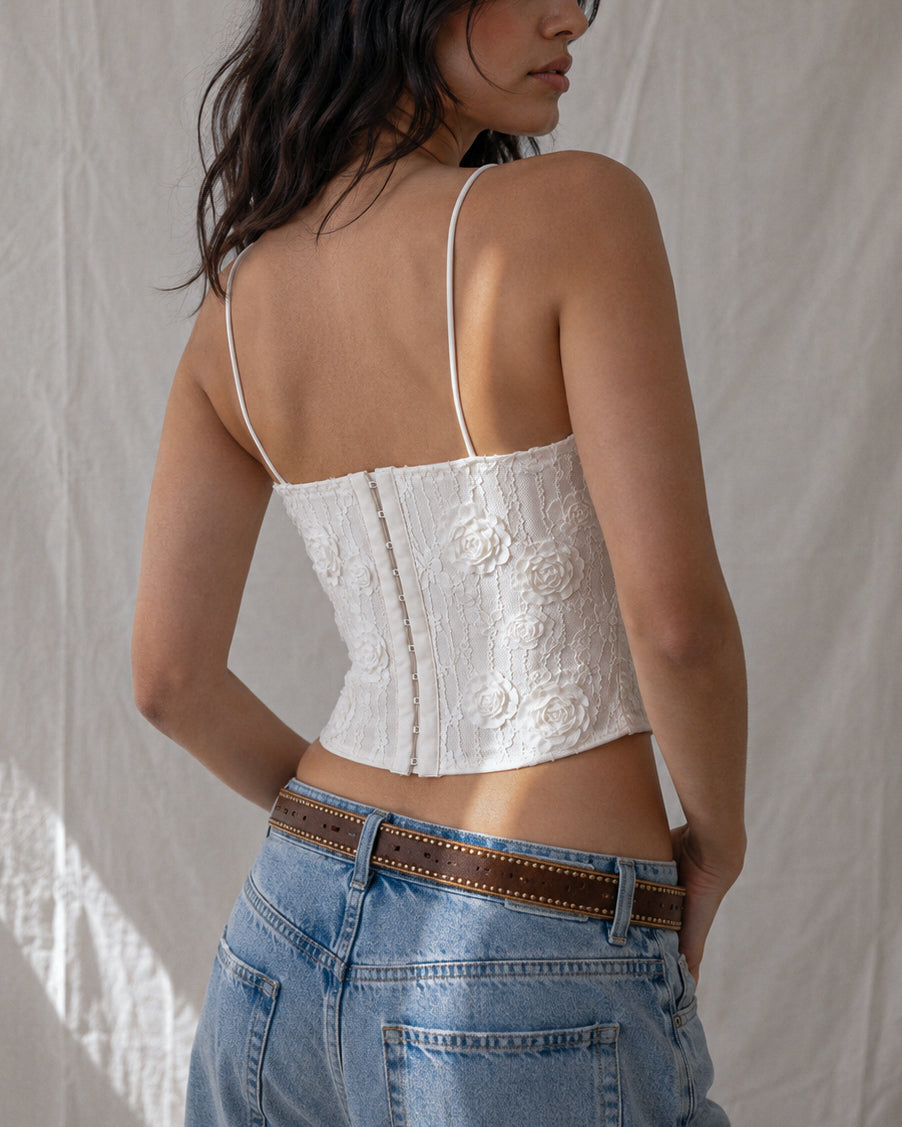 KEEP UP HONEY, 3D APPLIQUE FLORAL LACE CORSET