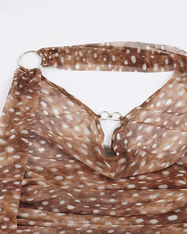 LOST AT SEA SHEER MESH DRAPE RING DETAIL HALTERNECK TOP
